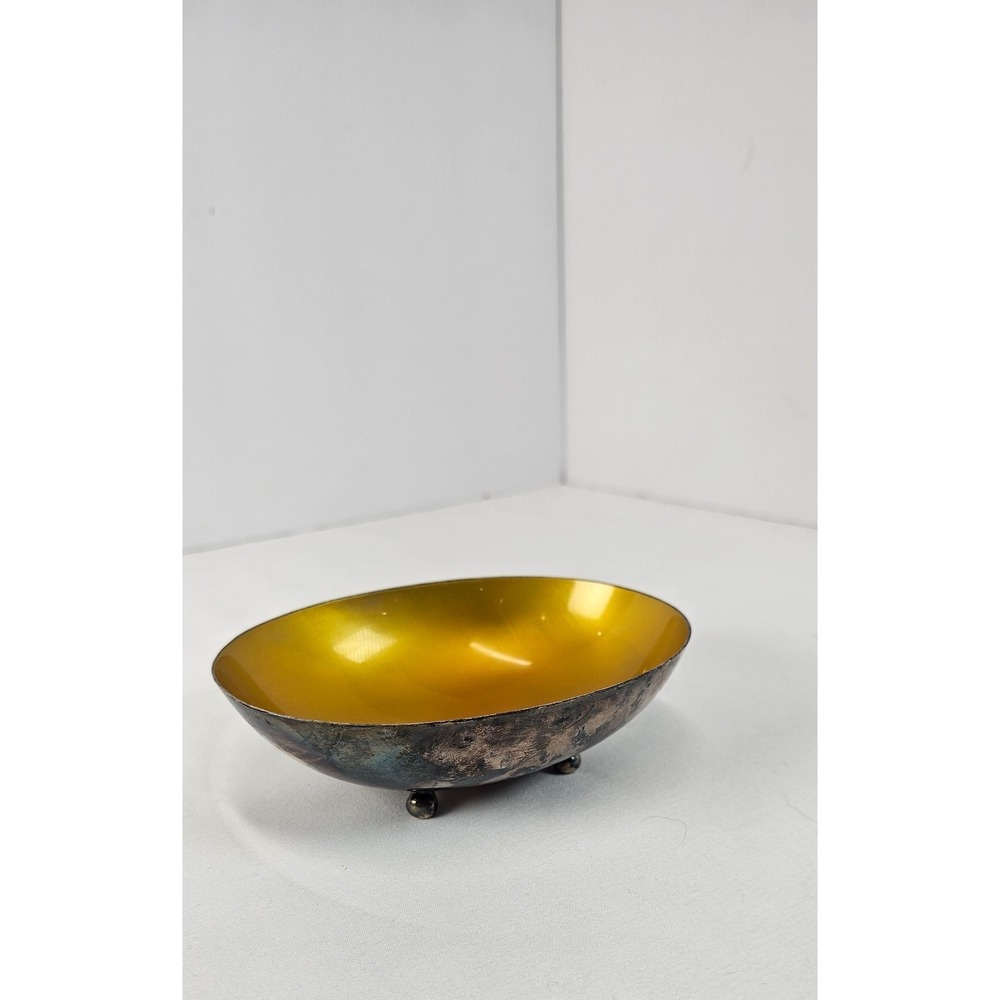 Mid Century Reed & Barton Silverplate Bowl Gold Wash Yellow Enamel Footed Dish